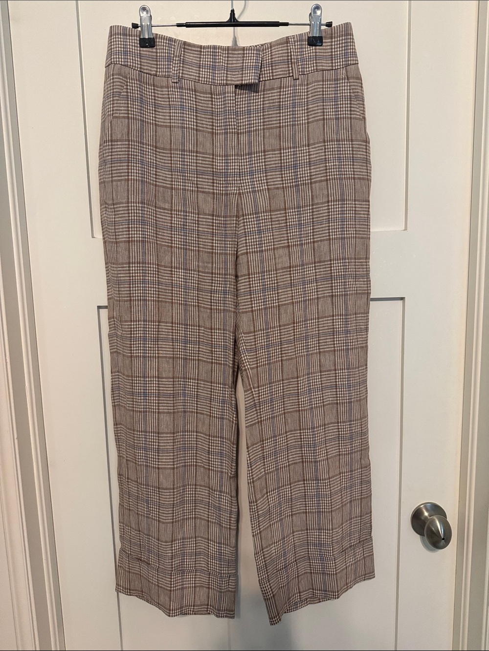 Peserico Plaid 100% Linen Dress Pants in Brown and Cream with Subtle Blue Check